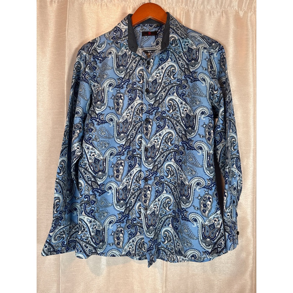 BC Collection Mens Button Down Shirt Blue Paisley Print Long Sleeve‎